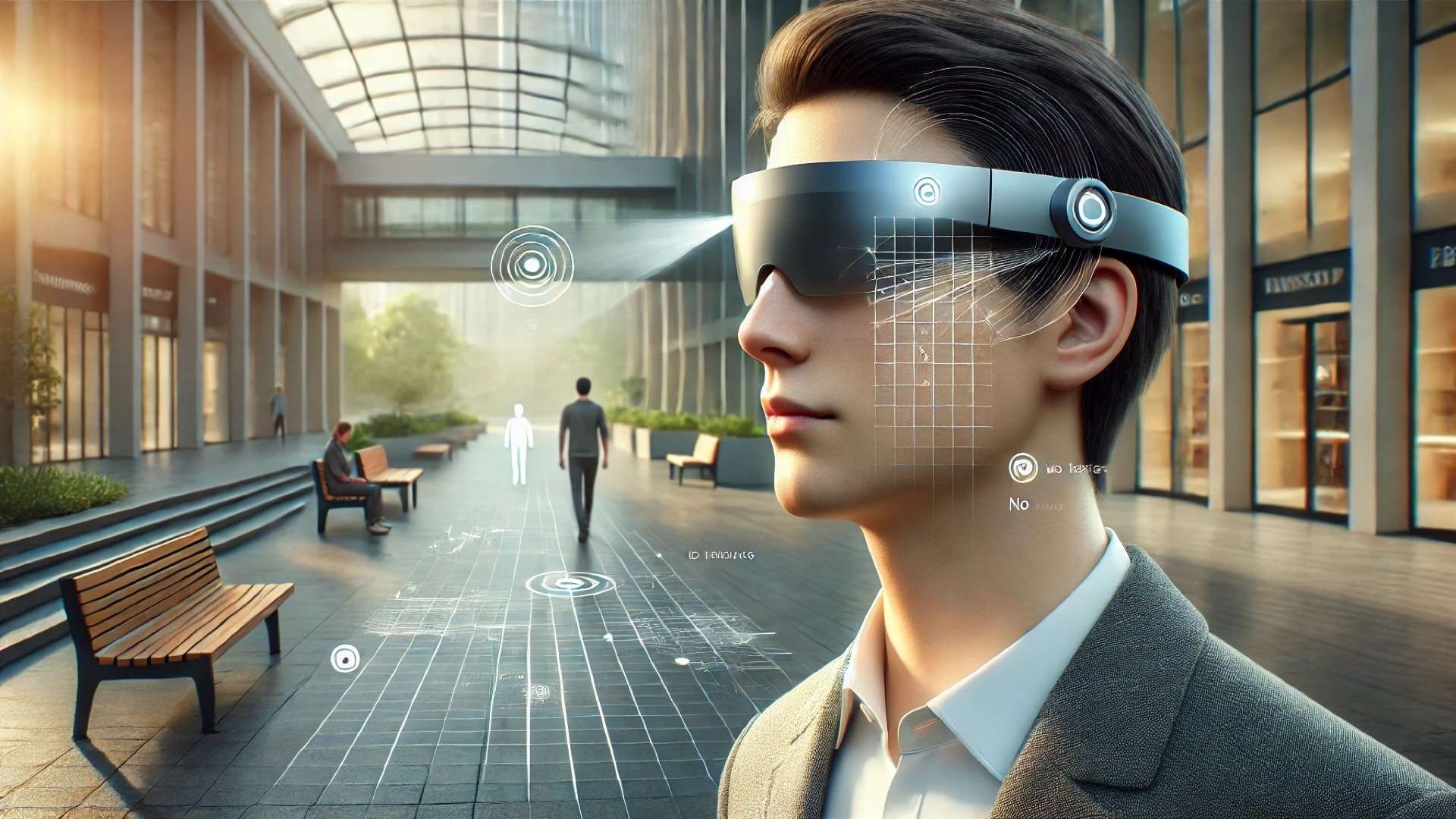 Person wearing futuristic forehead glasses in a modern plaza, with soft visual overlays mapping the path ahead and identifying nearby obstacles.