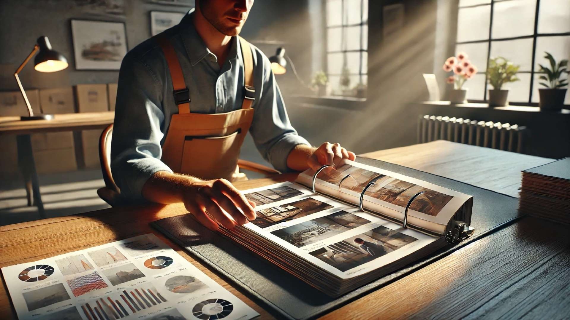 A roofer reviewing organized project photos and documentation in a binder, symbolizing well-documented work, proof, and case study preparation.