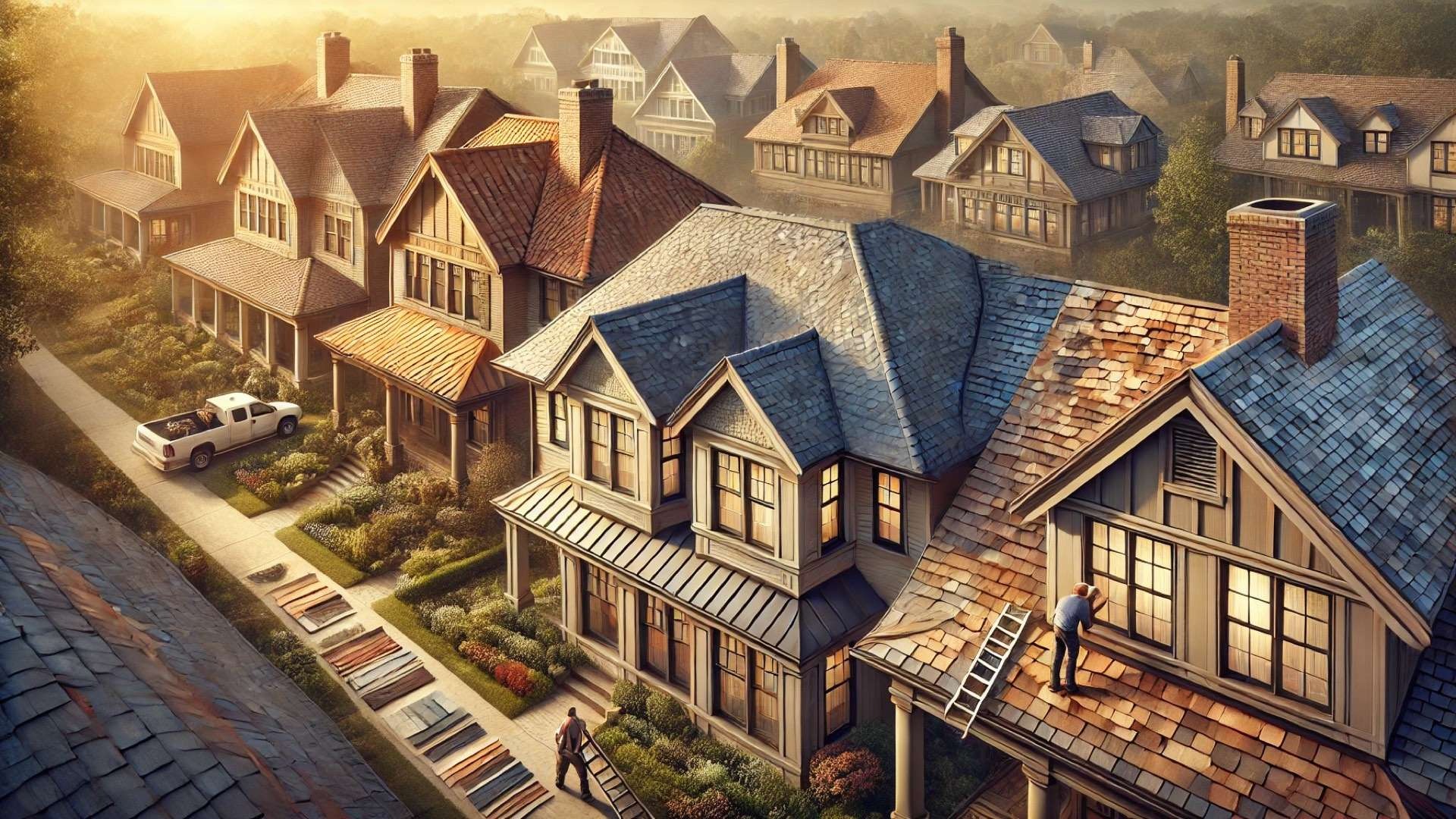 showcasing different historic homes with distinct roofing materials—slate, clay tile, wood shake, and synthetic—highlighting both beauty and long-term value