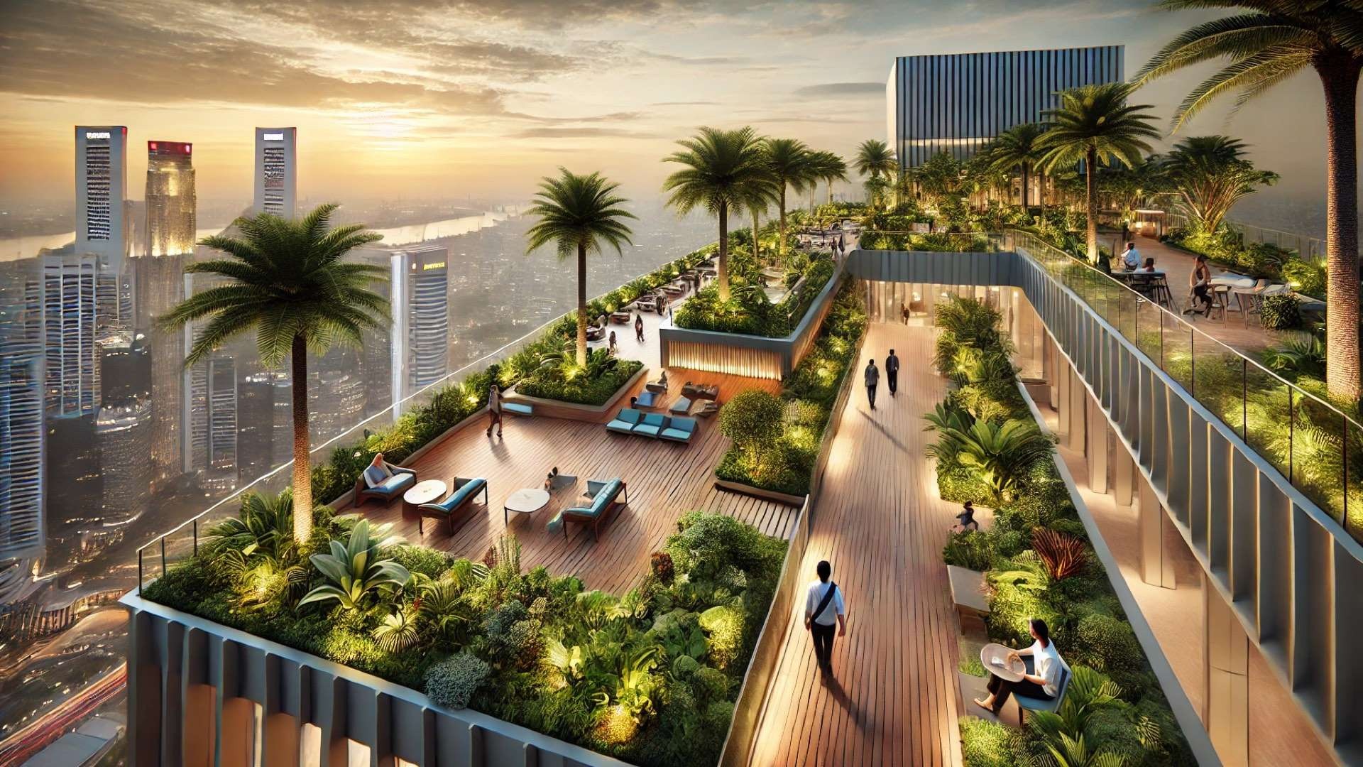 rooftop sky garden atop a high-rise in Singapore, emphasizing tropical greenery, modern materials, and a tranquil urban setting