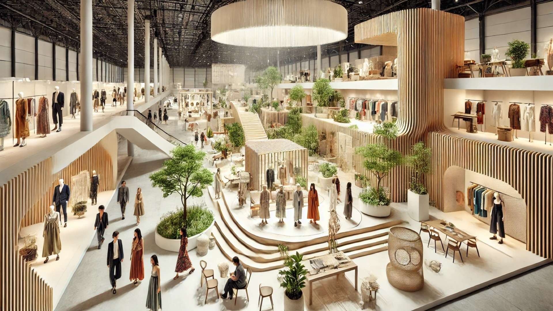 illustration based on the MOMAD 2026 eco-conscious fashion trade fair concept, rendered in a stylish and sustainable setting