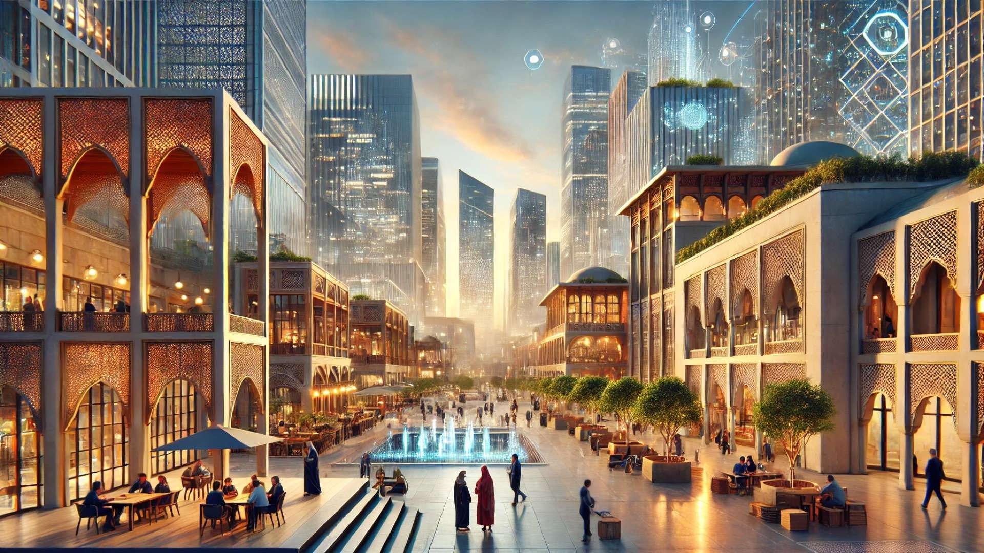 Futuristic multicultural urban district combining traditional Middle Eastern arcades with contemporary glass towers, where people gather in a pedestrian plaza featuring water elements and digital architectural projections.