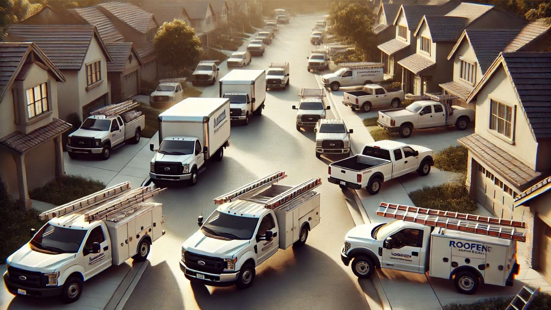 Multiple roofing/service trucks in a near-identical suburban setting, signaling crowded competition and visual sameness.