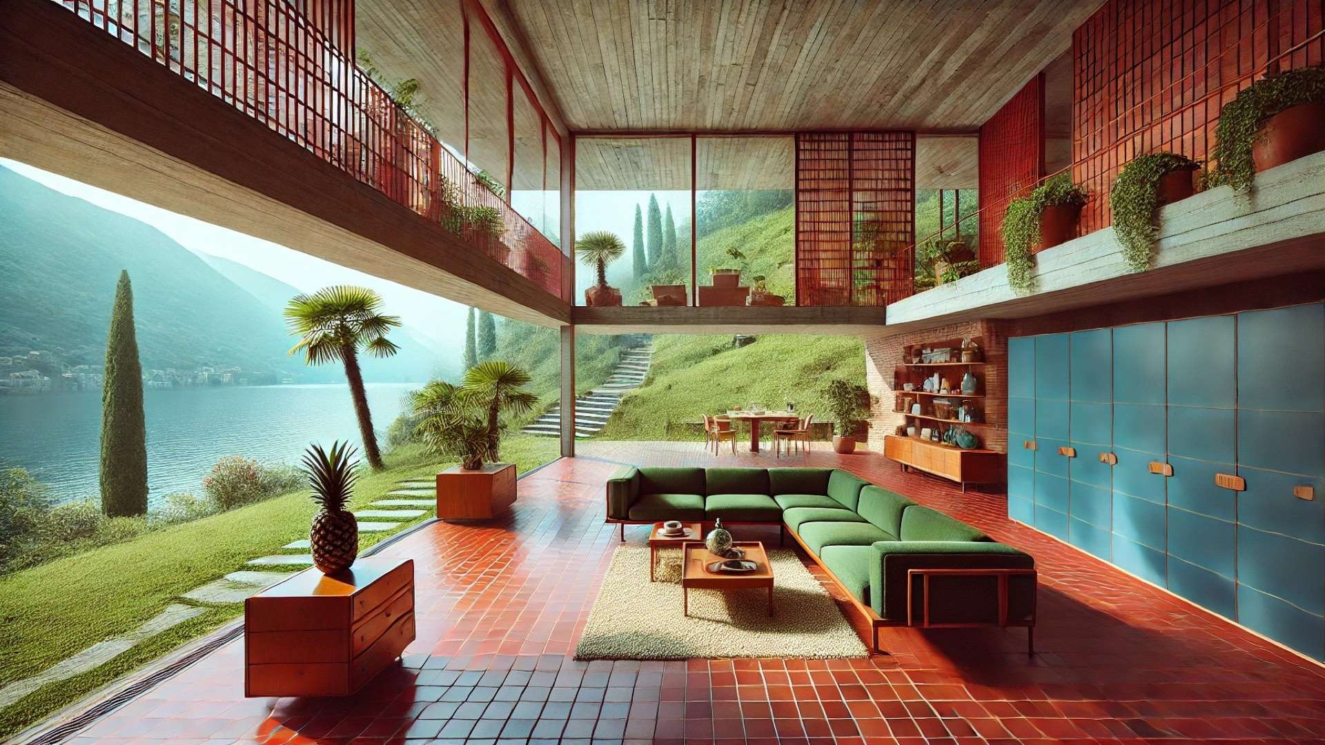 1970s split-level living room above Lake Lugano with red Klinker tile floors, exposed brick, ultramarine blue lacquered doors, coconut-fiber rug, and full-height glazing opening to palm trees and steep green terraces.