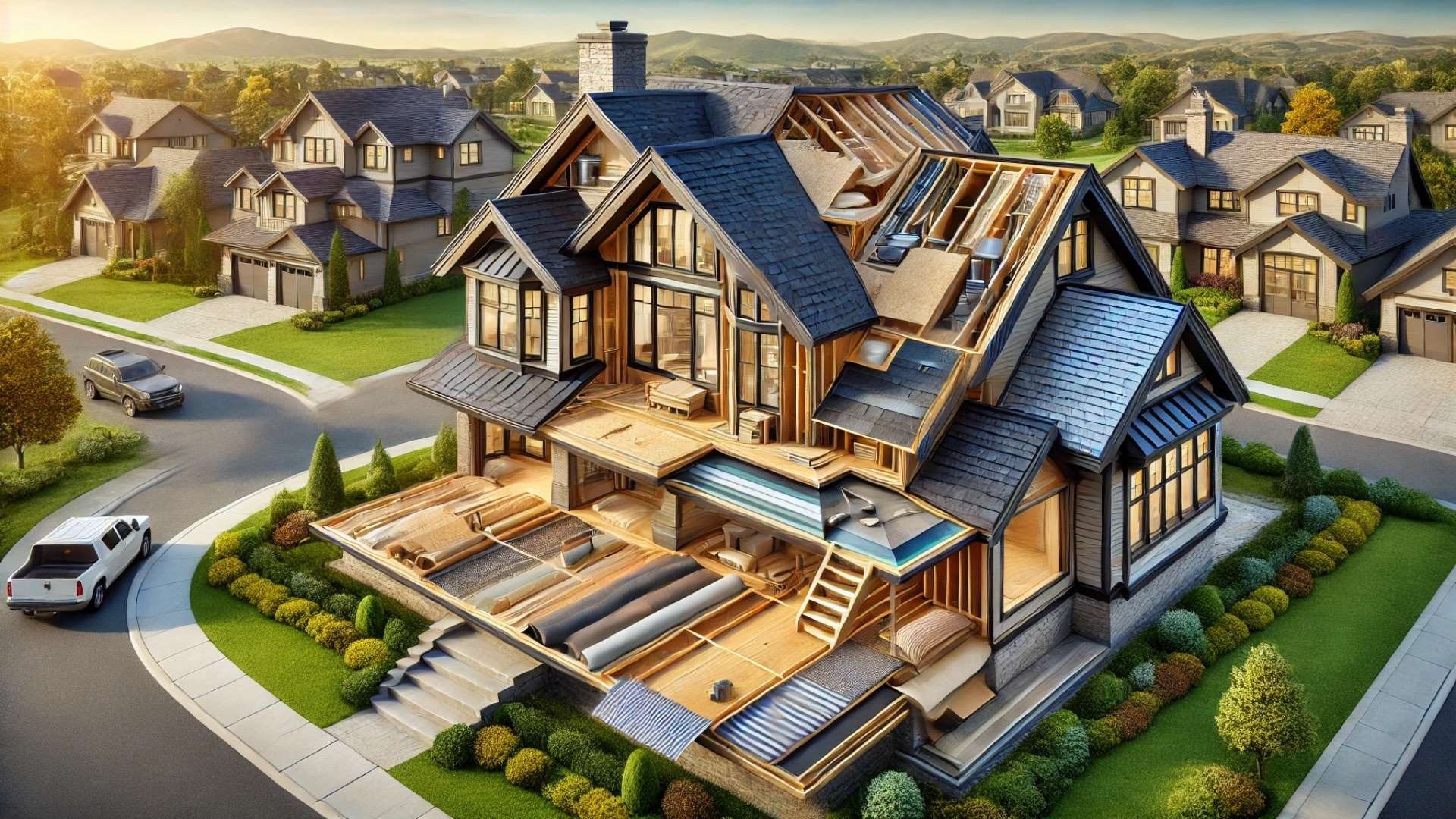 realistic cutaway of a residential roof system, highlighting various premium roofing materials and components