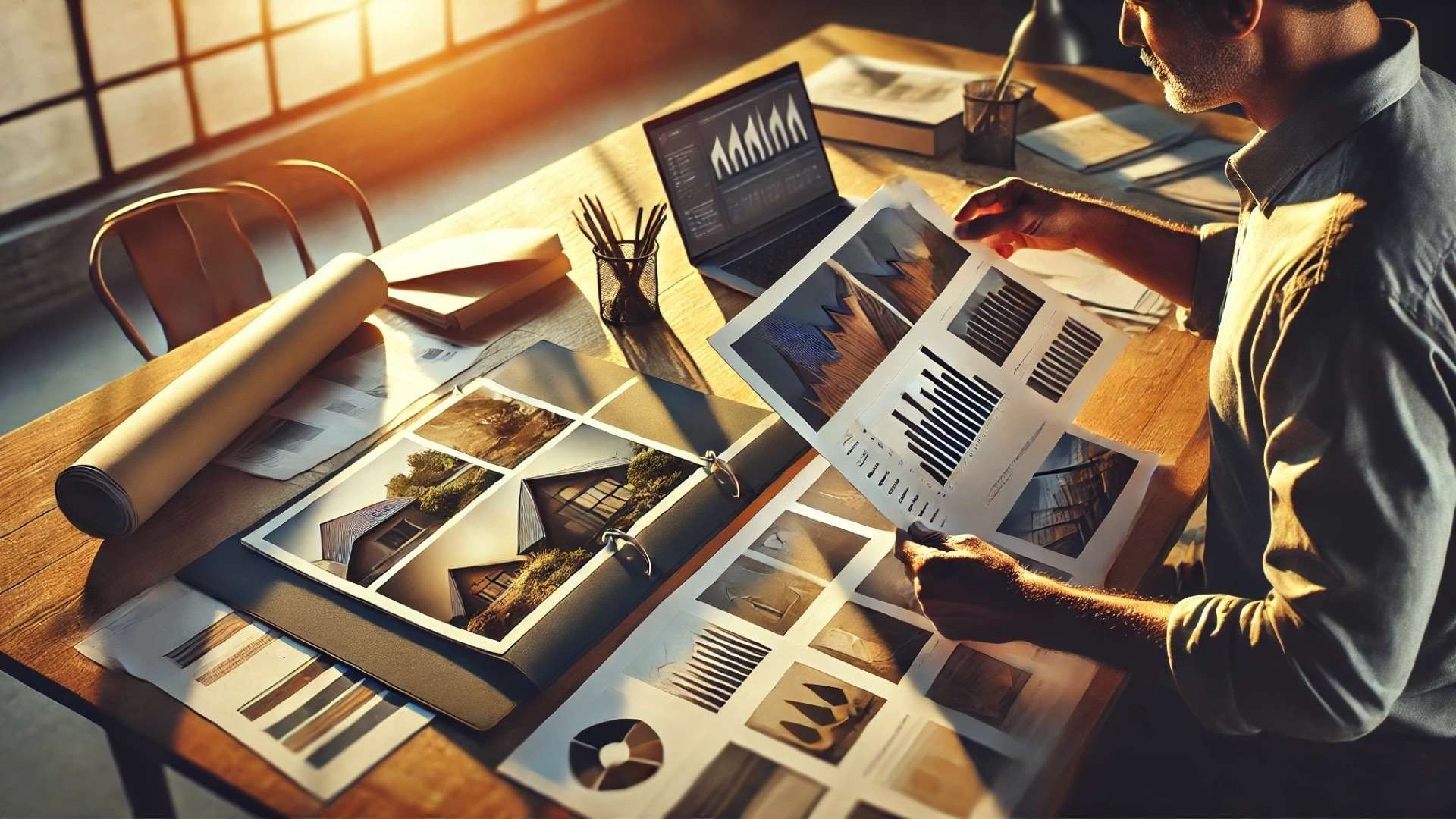 A contractor reviews printed project folders filled with photos and abstract charts under warm afternoon light.