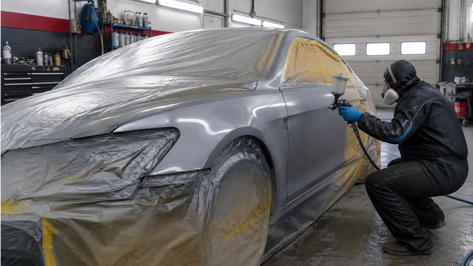 Paint refinishing on a gray vehicle, showcasing meticulous restoration work.