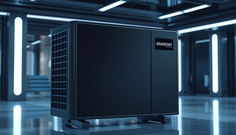 Sleek modern residential heat pump for large heating loads in a futuristic setting.