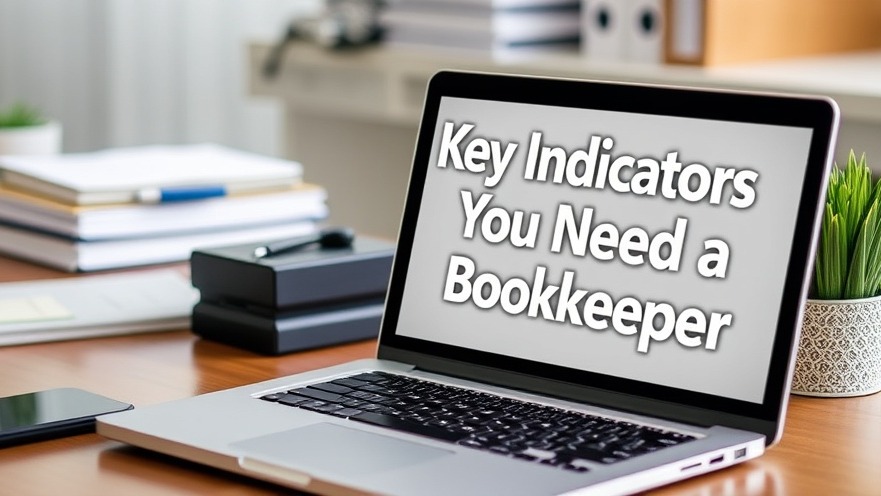 Professional office desktop with laptop displaying 'Key Indicators You Need a Bookkeeper'