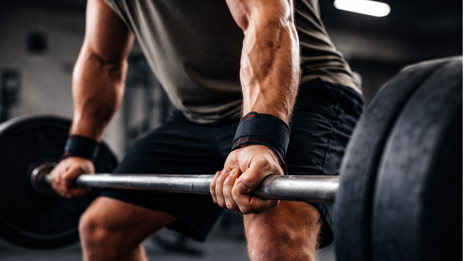 Close-up of determined middle-aged hand gripping dumbbell, showcasing grip strength benefits.