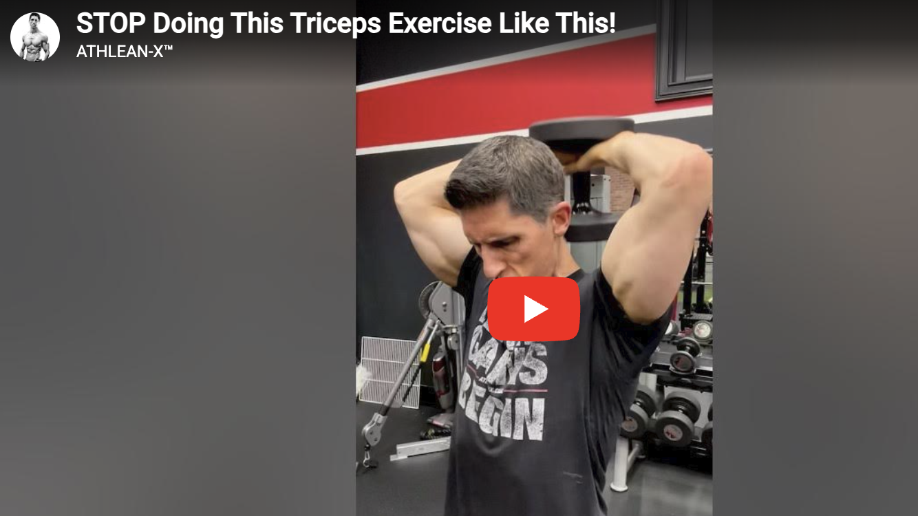 Athlete performing overhead tricep extension, triceps training mistakes concept.