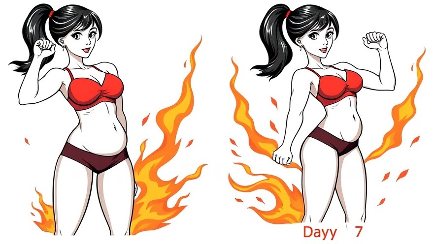 Fit woman cartoon illustrating flat tummy workout progress from day 1 to day 7.