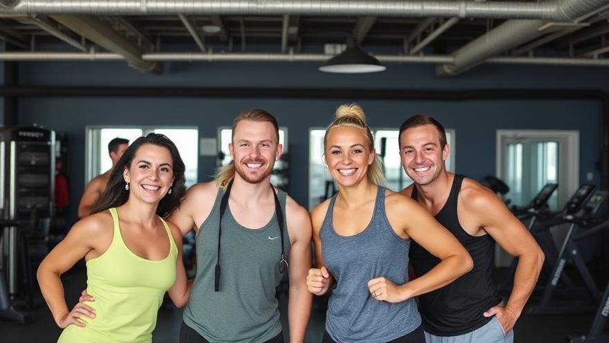 Happy gym members enjoying their workout together in a vibrant gym.