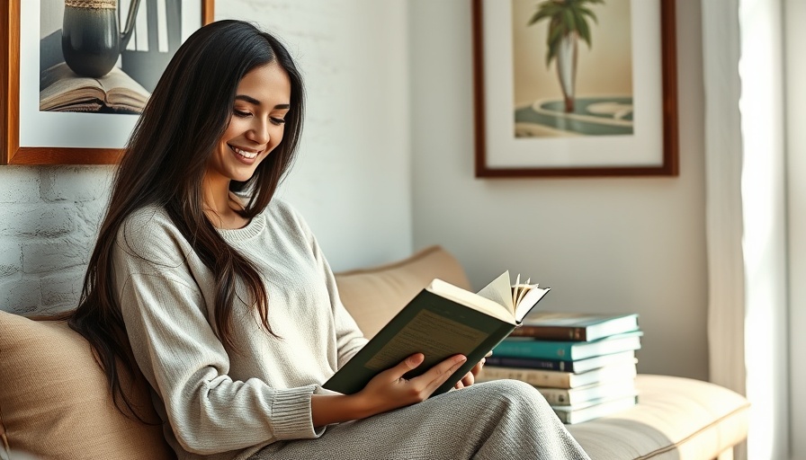 Woman reading a fitness book on a cozy indoor bench.