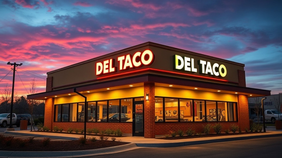 Modern Del Taco restaurant with sunset, Jack in the Box sells Del Taco context.