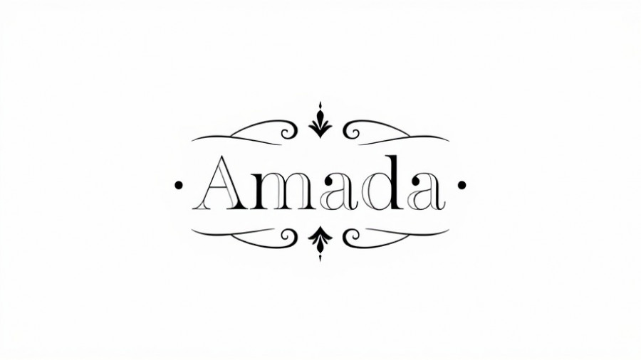 Amada logo design with decorative elements in black and white.