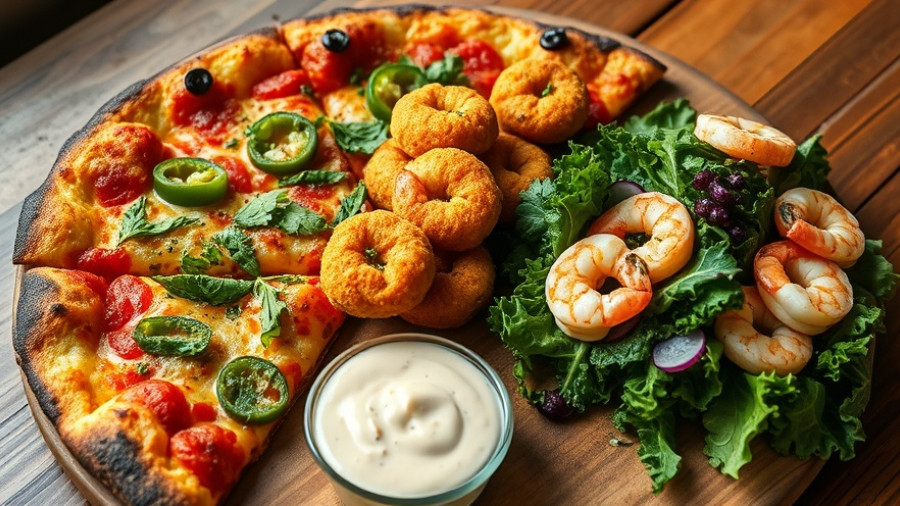 Stonefire Grill seasonal menu with pizza, shrimp salad, bread nuggets.