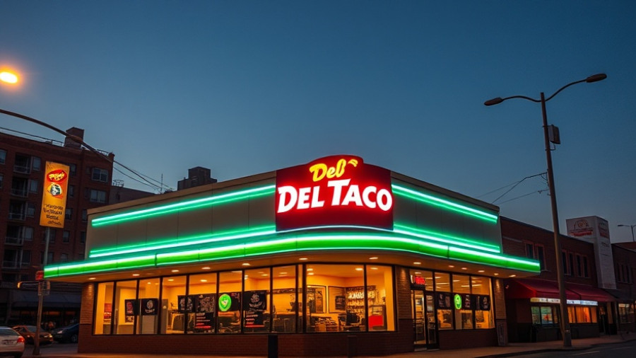 Brightly lit Del Taco restaurant with vibrant signage.