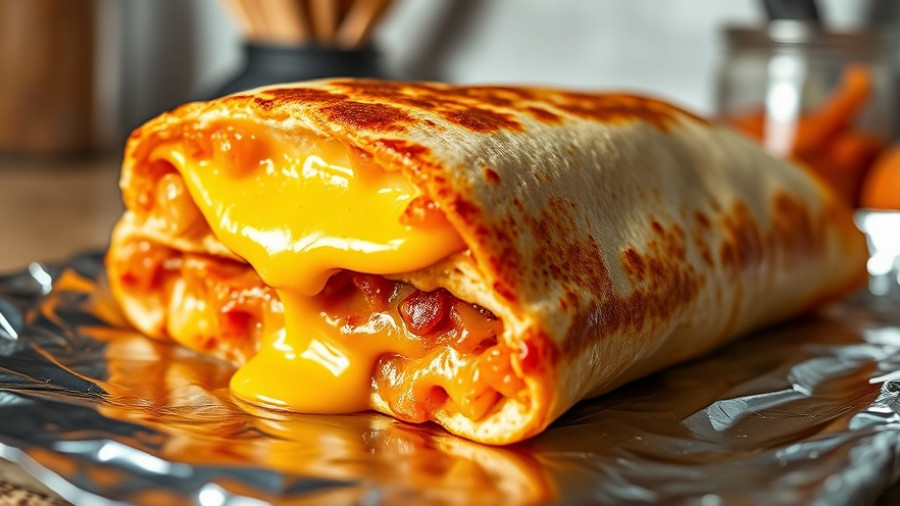 Close-up of a Flamin' Hot Grilled Cheese Burrito with vibrant ingredients.
