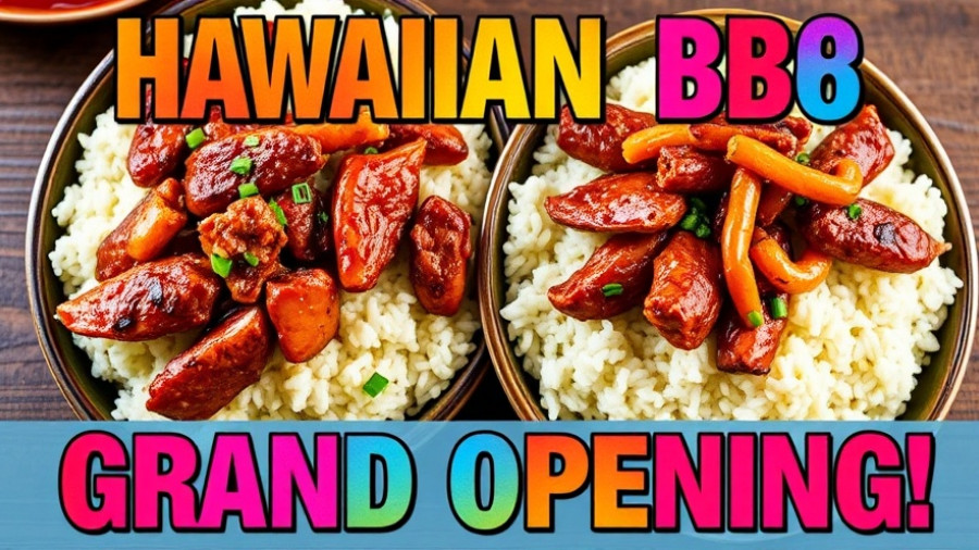 Ono Hawaiian BBQ Grand Opening Lake Forest promotional flyer with food.