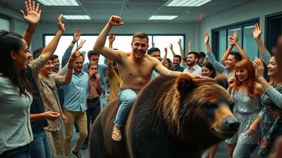 Dynamic office celebration with diverse individuals in lively setting.