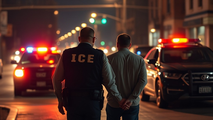 ICE officer making an arrest at night amid immigration crackdown.