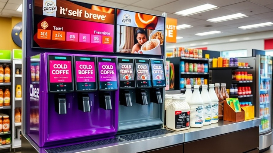Self-serve coffee station in convenience store with toppings and options.