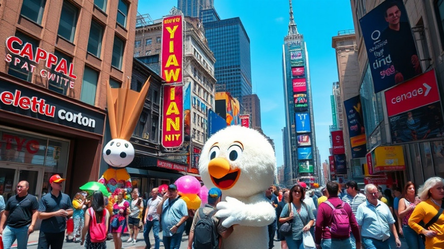 Lively NYC street with colorful characters, vibrant atmosphere.