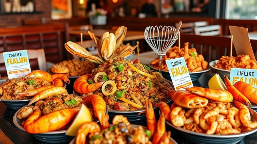 Cajun Seafood Franchise Opportunity: colorful seafood dishes on table.