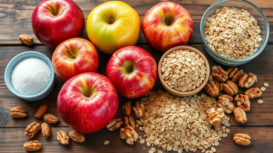 Ingredients for healthy apple crumble recipe on wooden table.