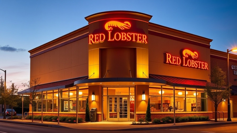 Red Lobster restaurant exterior at dusk, vibrant signage.