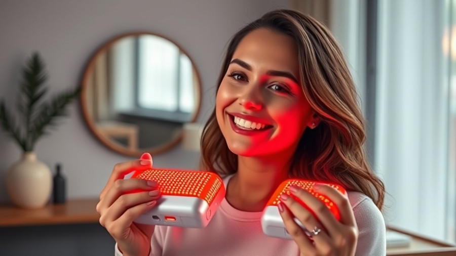Smiling woman holding red light therapy devices at home