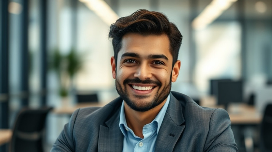 Professional in office attire smiling warmly, modern office setting.