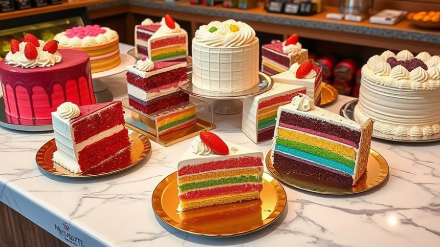 Assorted cakes from Paris Baguette Newtown Square on marble table.