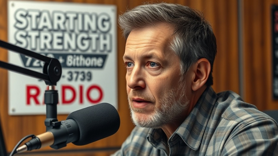 Starting Strength Radio host focused and speaking into microphone in studio.
