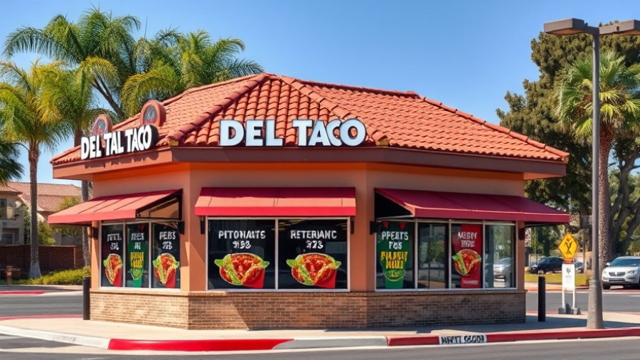 Front of Del Taco displaying promotional signs related to its financial struggles.