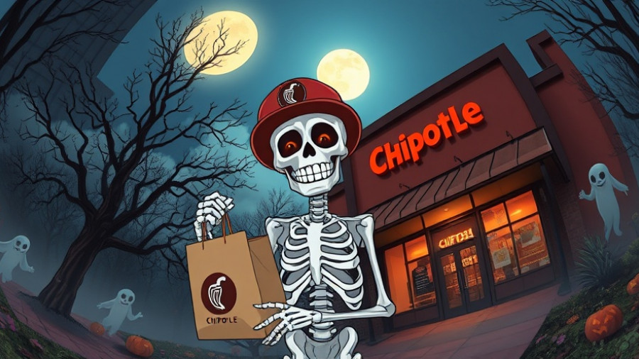Cartoon skeleton with Chipotle bag in Halloween setting for Boorito promotion