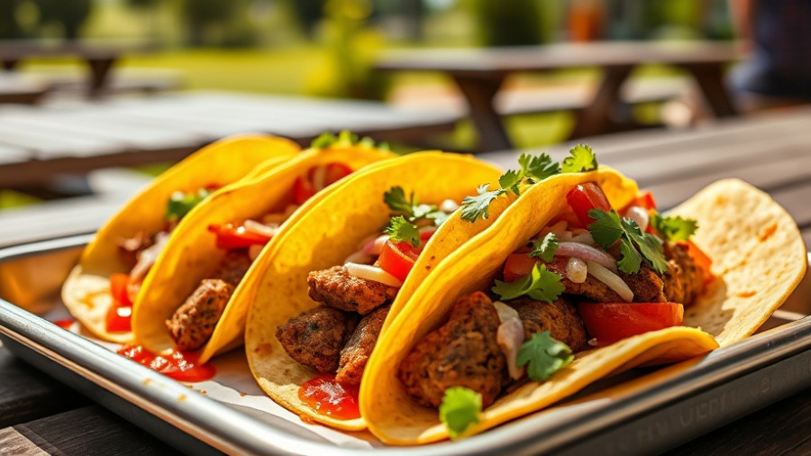 Lomito Fundido Tacos with red peppers and lemonade in bright sunlight.