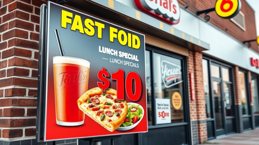 Fast food promotion sign outside restaurant highlights $10 lunch special.