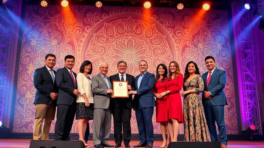Group on stage receiving award, vibrant backdrop, Powerhouse+Co. honored.