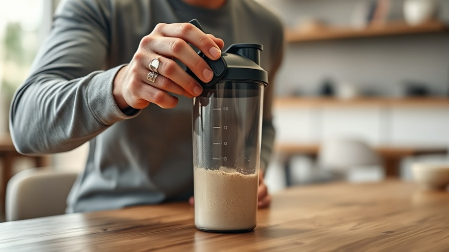 Person preparing protein powder shake indoors.