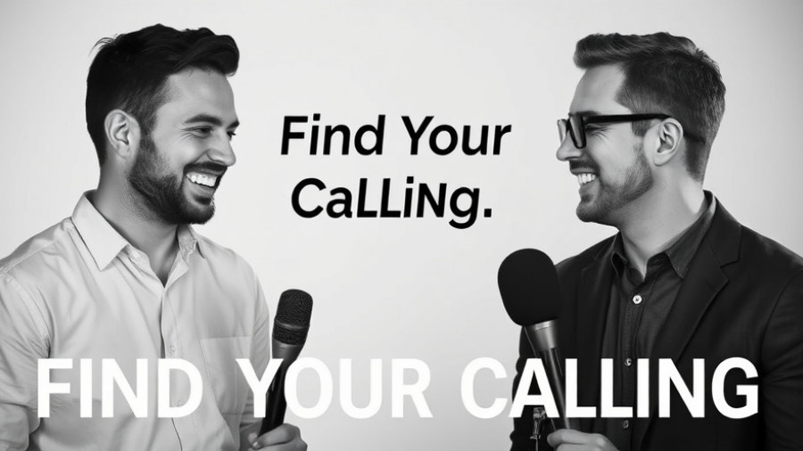 Black and white photo of two men discussing 'Finding Your Calling in Fitness'.