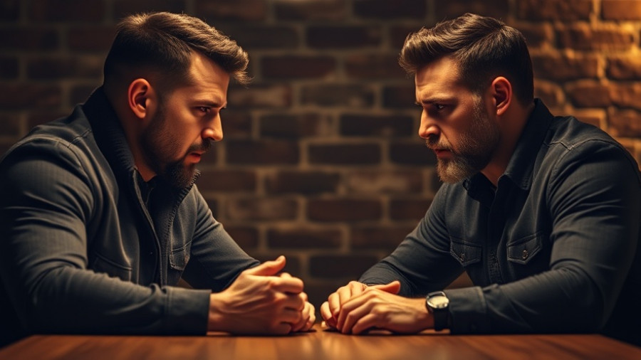 Strong men discussing Ronnie Coleman gear choices in focused conversation.