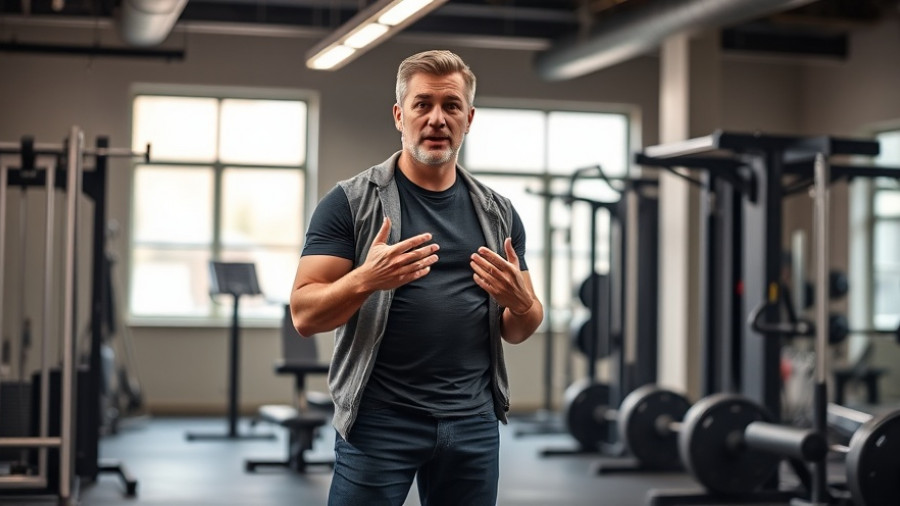 Man in gym presenting near fitness equipment, Squatting High focus.