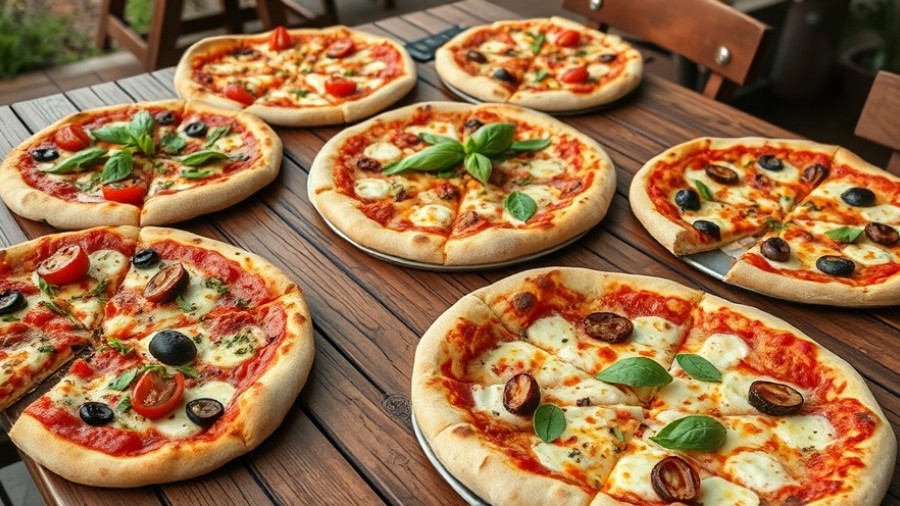 Assorted pizzas on rustic wooden table representing a low-cost pizza franchise.