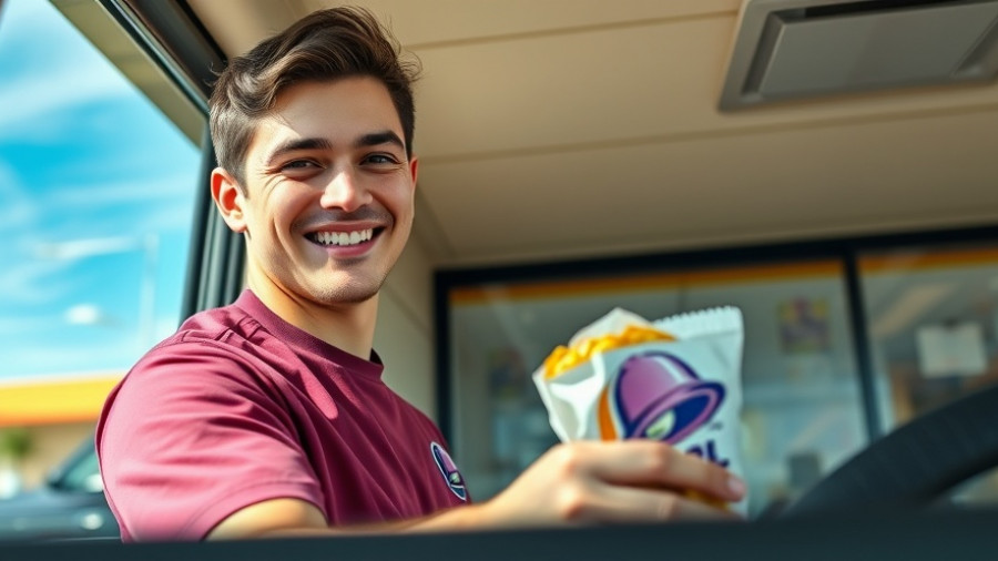 Taco Bell employee handing food at drive-thru window.