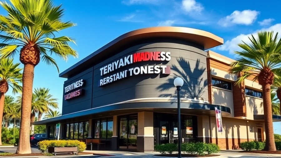 Teriyaki Madness franchising growth illustrated with modern restaurant exterior.