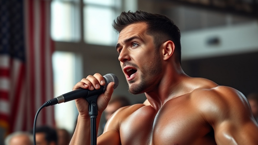 Muscular man speaking in front of a flag, GobHB Dosage Secrets discussion.