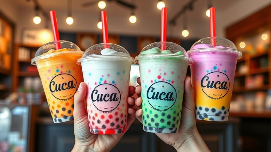Boba CuCue drinks showcasing colorful designs in Dallas-Fort Worth.