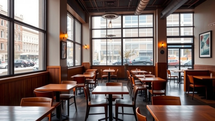 Modern eatery interior with wooden tables and framed artwork